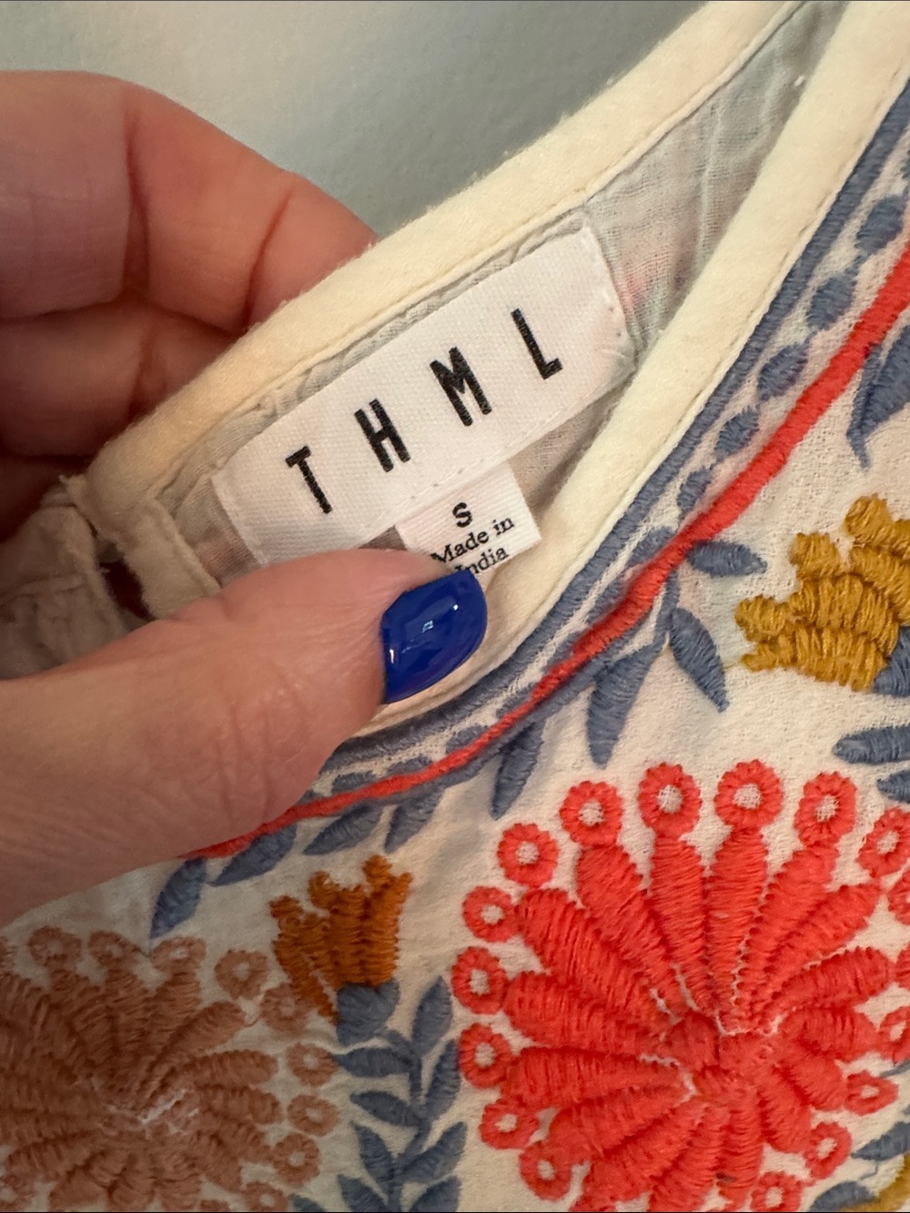 THML Cream Embroidered Puff-Sleeve Blouse with Red & Blue Floral Yoke - Picture 2 of 9